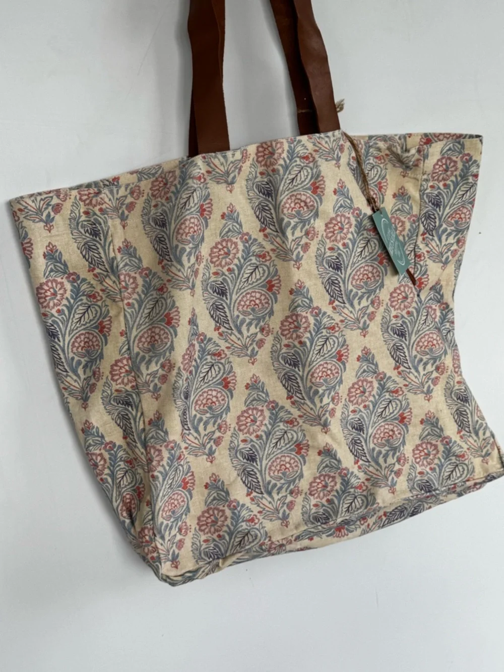 NWT Patterned Canvas Tote Bag with Tan Faux Leather Handles and Tassel
